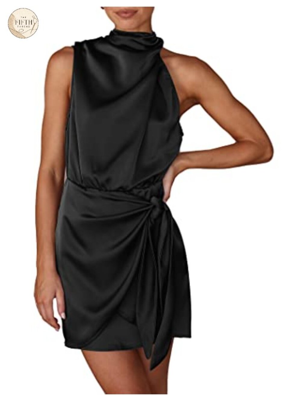 Satin Mini Dress Sleeveless Mock Neck Tie Waist Cocktail Formal